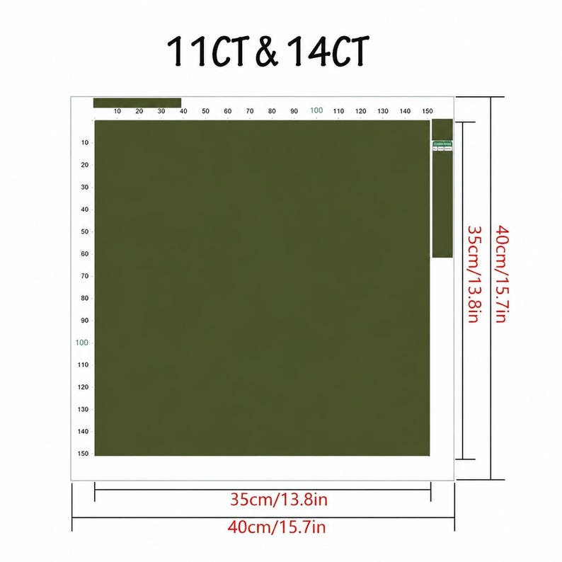 Puede incluir: Una pieza de tela cuadrada de color verde oliva para punto de cruz etiquetada como 11CT y 14CT. La imagen muestra l&iacute;neas de medici&oacute;n con dimensiones de 35cm/13.8in y 40cm/15.7in, junto con una escala de cuadr&iacute;cula numerada del 10 al 150.