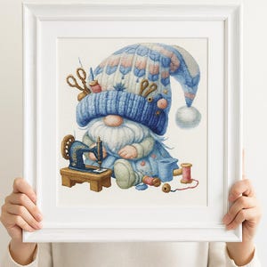 Sewing Gnome Cross Stitch Kit for Beginners, Cute Embroidery Kit with Vintage Sewing Machine, DIY Needlecraft Gift, Cottagecore Gnome Décor
