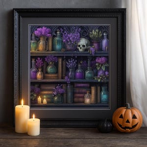 May include: A framed print shows a gothic bookshelf with glass bottles, books, and purple flowers. A skull is on the top shelf. Two lit candles and a carved pumpkin are in front of the frame.