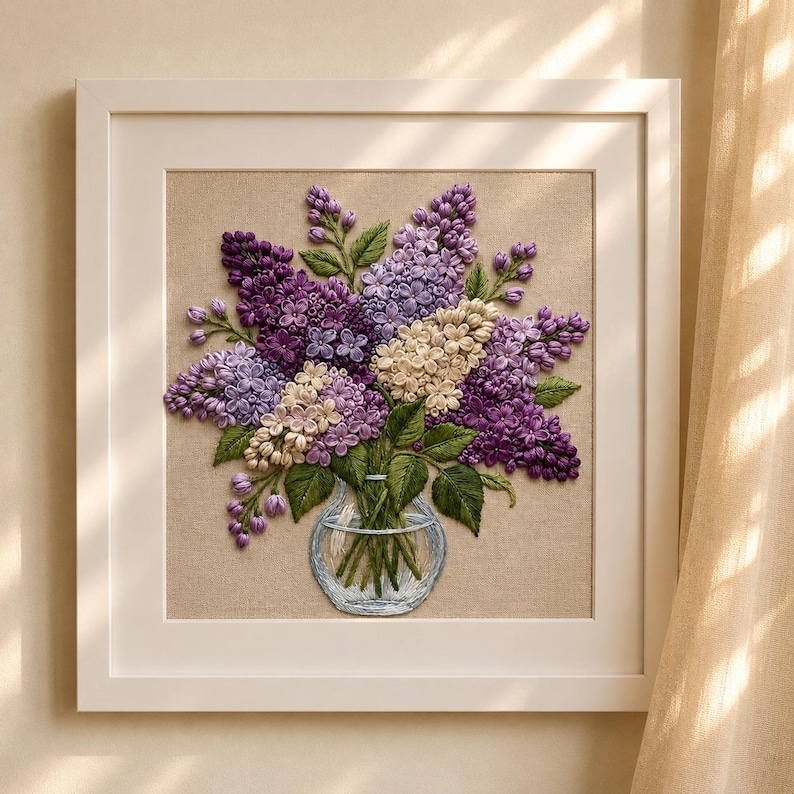 Op de afbeelding: Een ingelijst kunstwerk met een gedetailleerde borduursel van seringen in paarse en witte tinten. De bloemen zijn gerangschikt in een heldere glazen vaas met groene bladeren. Het kunstwerk is geplaatst tegen een neutrale achtergrond en in een witte lijst.