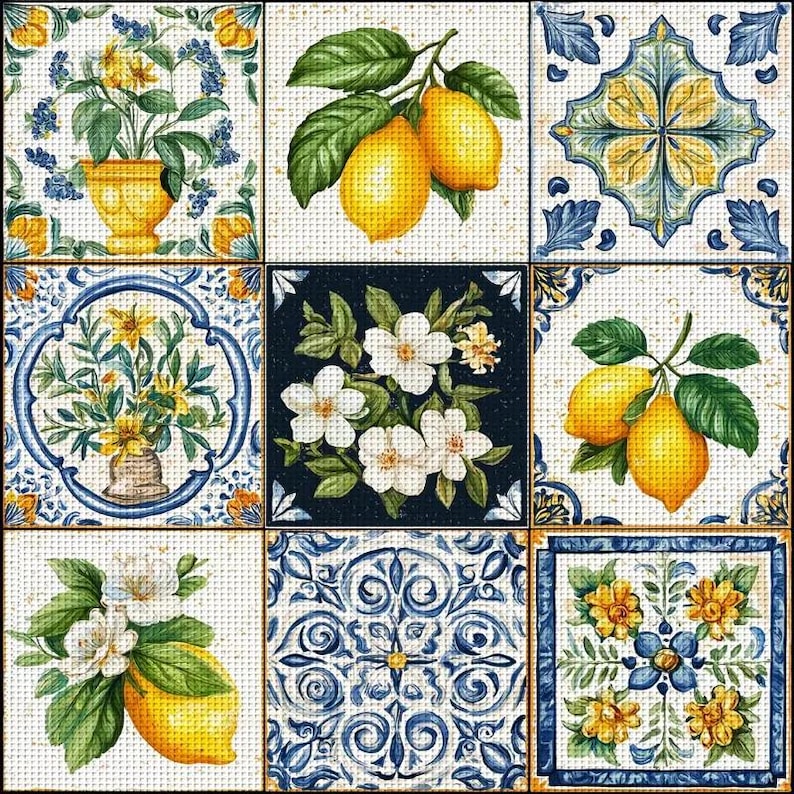Kit de punto de cruz Limón Mediterráneo: Muestrario de azulejos italianos, bordado DIY imagen 4