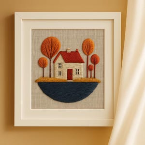 Fall Cozy Landscape Satin stitch Kit for beginners, Autumn Cottage Embroidery, Modern Fall Landscape DIY Needlework Set, Fall Home decor