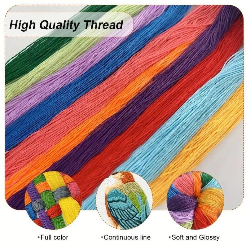 Op de afbeelding: Een verzameling kleurrijke borduurgarens in verschillende tinten, waaronder groen, paars, blauw, oranje en rood. De afbeelding bevat de tekst "High Quality Thread" en close-ups van borduurvoorbeelden. De afbeelding bevat ook de tekst "Full color", "Continuous line" en "Soft and Glossy".