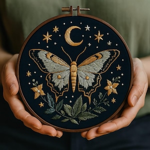 Moon Moth Embroidery Kit with Pre-Printed Fabric, DIY Celestial Night Stitching Kit, DIY Lunar Needlepoint Kit, Gift for crafters