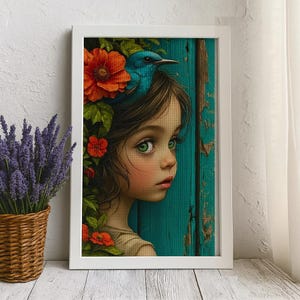 Cross Stitch Kit &quot;Flower Girl and Bird&quot;, Modern Embroidery Pattern, Large DIY Needlepoint Set, Floral Wall Art, Gift for Stitchers