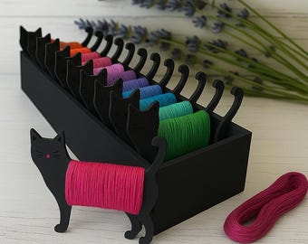 Wooden Animal Thread Organizer Black cat, Floss Holder for Embroidery, Sewing Cute Bobbin Storage for Cross Stitch Crafts