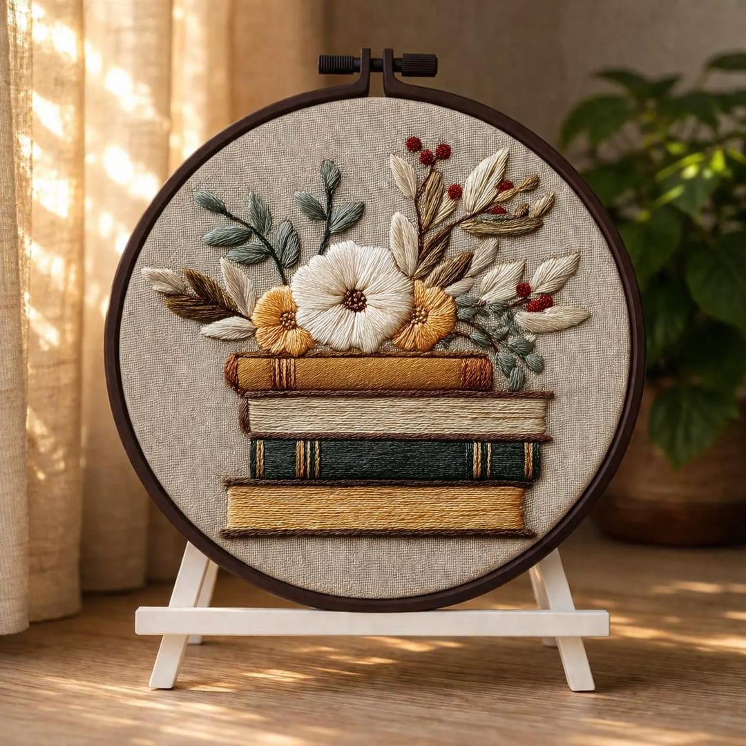 Floral Books Embroidery Kit for Beginners, Modern Embroidery Hoop Wall ...