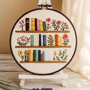 Books and flowers Embroidery Kit for beginners, Floral Bookshelf Hand Embroidery Kit with Pattern, Gift for Book Lovers – adult craft kit