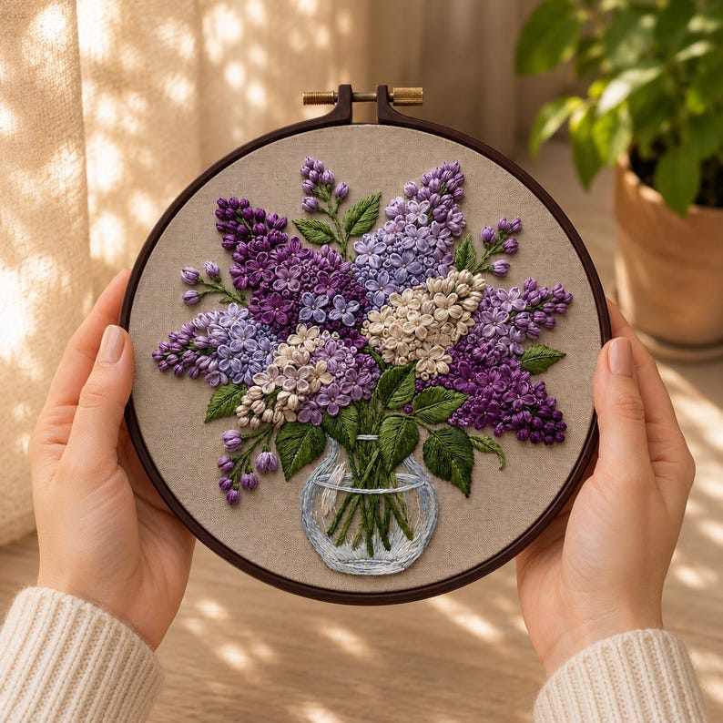 Op de afbeelding: Een handgeborduurde borduurring met een boeket seringen in paarse, lavendel- en wittinten, gerangschikt in een heldere glazen vaas. Het bloemendesign is geplaatst tegen een neutrale beige stof, omlijst door een donkerbruine houten ring.