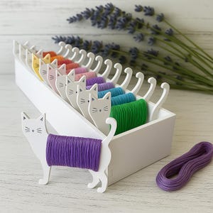Wooden Cat Thread Organizer Box: Embroidery Floss Bobbins, Cross Stitch Storage