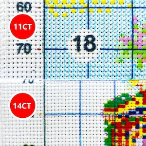Puede incluir: Una tela Aida blanca para punto de cruz con un patr&oacute;n de cuadr&iacute;cula impreso en l&iacute;neas azules. La secci&oacute;n superior est&aacute; etiquetada como 11CT y la inferior como 14CT. La tela muestra patrones parciales de punto de cruz en amarillo, verde y rojo.