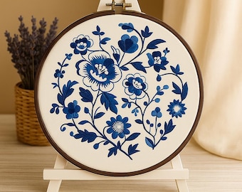 Blue Floral Hand Embroidery Kit: Beginner DIY Craft, Wall Decor