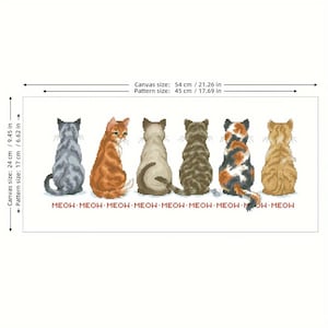 May include: Cross-stitch pattern featuring six cats viewed from the back, each with unique fur patterns in shades of gray, orange, brown, and calico. The word "MEOW" is repeated in red below the cats. Canvas size: 21.26 inches.