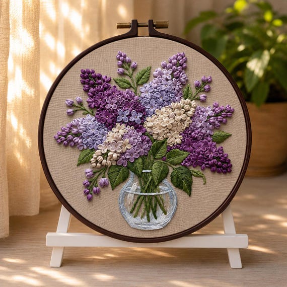 Lilac Embroidery Kit, DIY Floral Needlepoint kit, Handmade Home decor, Gift for crafters