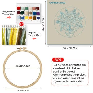 Op de afbeelding: Borduurpakket met een bloemenontwerp, garenkaarten en een houten borduurring. De borduurring heeft een diameter van 20 cm. Het stoffen ontwerp is 28 cm vierkant. Inclusief tips.