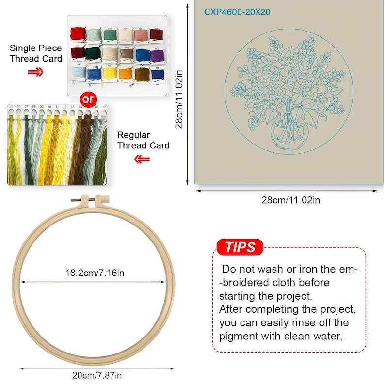 Op de afbeelding: Borduurpakket met een bloemenontwerp, garenkaarten en een houten borduurring. De borduurring heeft een diameter van 20 cm. Het stoffen ontwerp is 28 cm vierkant. Inclusief tips.