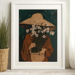 Girl with Daisies, Summer Hat & Basket Cross Stitch Kit, Modern Embroidery Kit with Flowers, DIY Wall Art Needlework Set, Housewarming gift