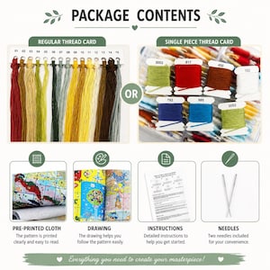 Puede incluir: Un kit de manualidades que muestra una tarjeta de hilos con 15 colores numerados, una tarjeta de hilos con bobinas etiquetadas, tela preimpresa, un dibujo de patr&oacute;n, instrucciones impresas y dos agujas de coser como contenido del paquete.
