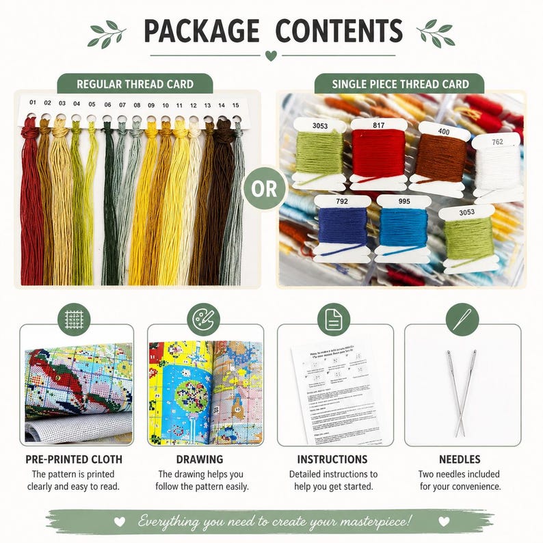 Puede incluir: Un kit de manualidades que muestra una tarjeta de hilos con 15 colores numerados, una tarjeta de hilos con bobinas etiquetadas, tela preimpresa, un dibujo de patr&oacute;n, instrucciones impresas y dos agujas de coser como contenido del paquete.