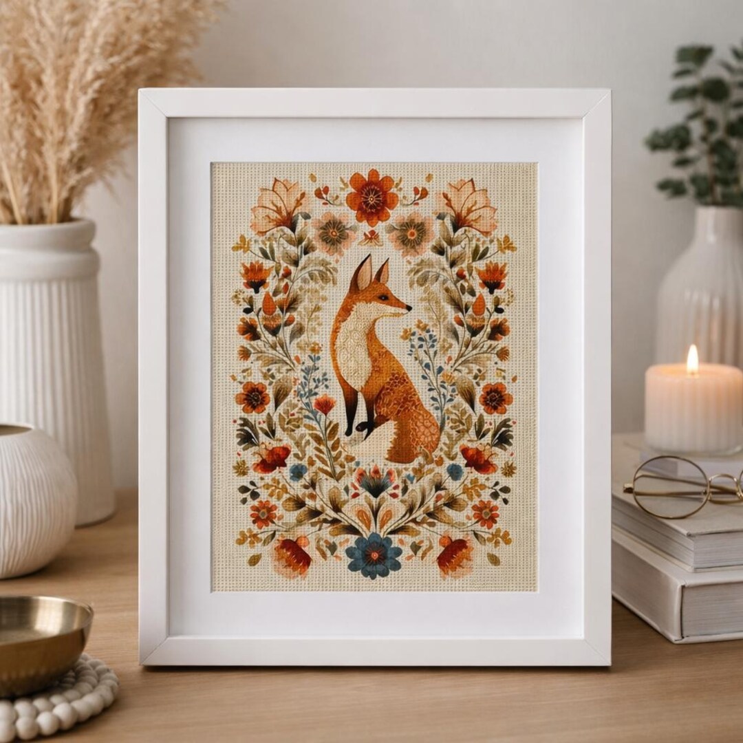 Fox Cross Stitch Kit, Woodland Floral Folk Pattern, Cute Animal ...