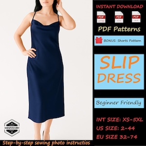 Puede incluir: Un vestido lencero azul marino con tirantes finos y cuello desbocado. La imagen también incluye un patrón PDF para un vestido lencero, con un patrón de pantalones cortos de bonificación e instrucciones. El patrón es apto para principiantes y está disponible en tallas XS-5XL.