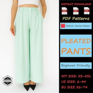 Wide Leg Pleated Trousers Sewing Pattern: High Waist Pants (PDF Pattern XS-5XL)