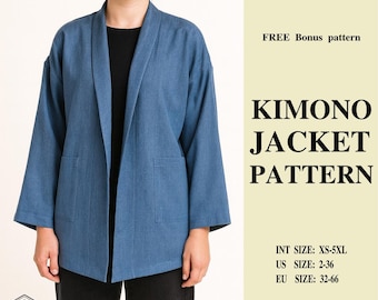Cartamodello PDF per giacca kimono da donna, giacca comoda e ampia, taglie dalla XS alla 5XL, cardigan in cotone, cartamodello per le vacanze, idea regalo di Natale