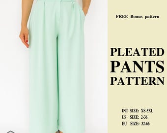 Wide Leg Pleated Trousers Sewing Pattern: High Waist Pants (PDF Pattern XS-5XL)