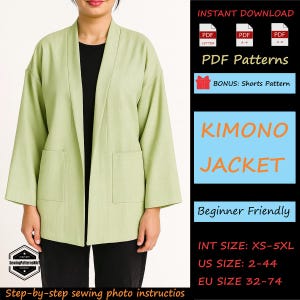 May include: A light green kimono jacket with two front pockets. The image includes text that says "PDF Patterns", "KIMONO JACKET", and "Beginner Friendly". The jacket is shown on a person wearing a black shirt and black pants. The image also includes size information.