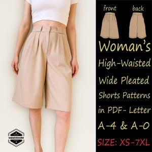 High Waisted Pleated Bermuda Shorts Sewing Pattern PDF: XS-7XL (A4 A0 Letter Sizes)