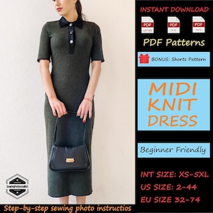 May include: A dark green midi knit dress with a black collar and short sleeves. The dress has a ribbed texture and is paired with a black handbag. The image includes text that says "PDF Patterns" and "MIDI KNIT DRESS".