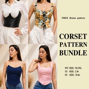 Könnte beinhalten: Eine Collage von vier Korsett-Tops in verschiedenen Stilen und Farben, darunter Schwarz, Blumenmuster, Marineblau und Rosa. Das Bild enthält auch den Text "CORSET PATTERN BUNDLE" und Größeninformationen.