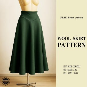Patrón de costura de falda de lana navideña (PDF), falda vintage de corte A, estilo cottagecore retro, falda sencilla, falda minimalista, tallas XS-5X, tamaño A0, tamaño A4.