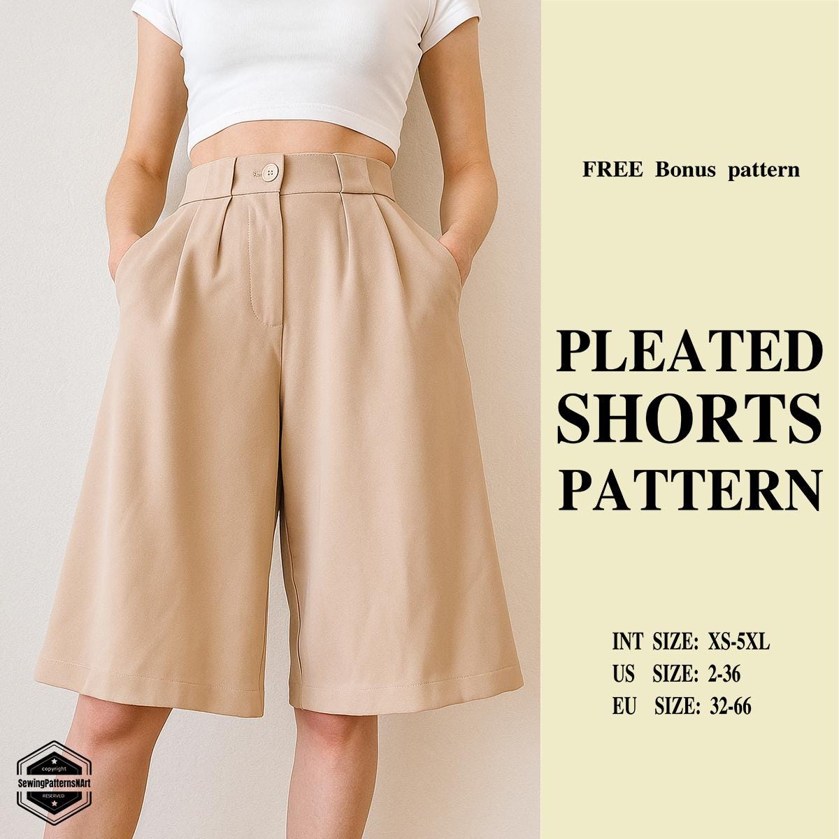 High-waisted Pleated Shorts Sewing Pattern: Wide Leg, Belt Loops