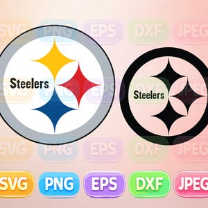May include: Two circular logos featuring the word Steelers and three four-pointed stars. The left logo is colored yellow, red, and blue with a gray border. The right logo is entirely black. Below are five rectangular buttons labeled SVG, PNG, EPS, DXF, and JPEG.