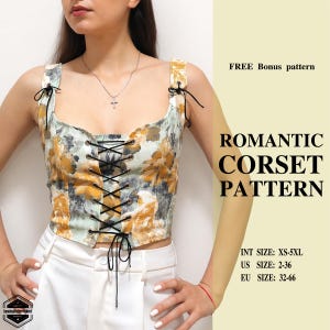 May include: A floral corset top with a lace-up front and black ties. The top features a yellow, white, and gray floral pattern. The text "ROMANTIC CORSET PATTERN" is displayed. Sizes XS-5XL, US 2-36, EU 32-66.