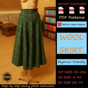 Puede incluir: Falda de lana a cuadros verdes exhibida en un maniquí. La falda es de largo midi con cintura alta. La imagen incluye el texto "WOOL SKIRT" y "Beginner Friendly". La imagen también incluye el texto "PDF Patterns" e información de tallas.