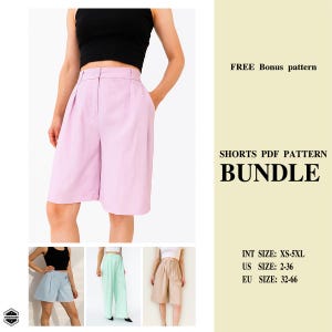 Puede incluir: Una persona con shorts de color lila claro con pliegues y bolsillos, combinados con un top negro. La imagen incluye un gráfico "SHORTS PDF PATTERN BUNDLE" con detalles de tallas. Se muestran shorts adicionales en azul, verde y beige.