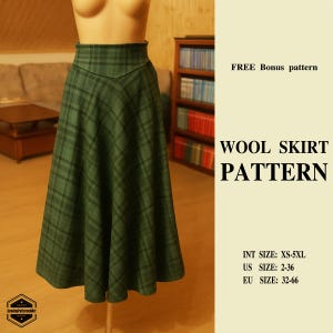 Patrón de costura de falda midi de lana a cuadros con corte en A + instrucciones fotográficas, tallas Xs-5Xl, tallas A-0, tallas A-4, patrón de costura para fiestas, idea de regalo de Navidad.