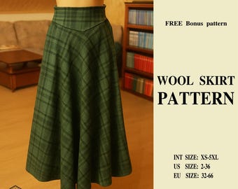 Plaid Wool A-Line Midi Skirt Sewing Pattern + Photo Instructions, Xs-5Xl, A-0 A-4 Letter, holiday sewing pattern, Christmas gift idea Winter