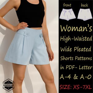 Patrón de costura para pantalones cortos anchos plisados, patrón PDF de cintura alta (XS-7XL), pantalones cortos de verano para mujer, imprimibles en formato A4, Carta y A0, patrones de costura de verano.