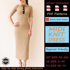 May include: A tan midi knit dress with a polo collar and short sleeves. The dress features a ribbed texture and a button detail on the collar. The image also includes text that says "PDF Patterns" and "MIDI KNIT DRESS".