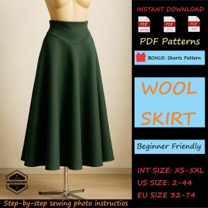 Puede incluir: Falda de lana verde oscuro exhibida en un maniquí. La falda tiene cintura alta y forma de línea A. El texto en la imagen dice "PDF Patterns", "Wool Skirt" y "Beginner Friendly". Tallas de XS-5XL.