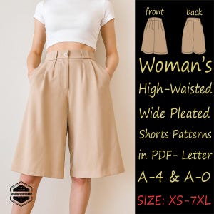 High-Waisted Pleated Shorts Sewing Pattern: Wide Leg, Belt Loops (XS-7XL PDF Download)