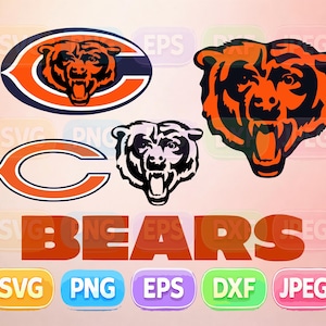 Pode incluir: Um conjunto gráfico digital com o logótipo dos Chicago Bears, uma cabeça de urso estilizada e a palavra BEARS em laranja. A imagem inclui etiquetas de formato de ficheiro SVG, PNG, EPS, DXF e JPEG em botões retangulares coloridos.