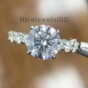 Round Cut Moissanite Engagement Ring With Round Accent Half Eternity Band, Classic Round Brilliant Cut Pave Set Eternity Anniversary Gift.