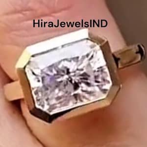 East to West Radiant Cut Moissanite Engagement Ring, 14k Solid Gold Bezel Set Horizontal Wedding Ring, Solid Gold Anniversary Gift For Wife.