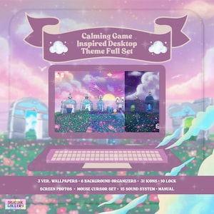 May include: A desktop computer with a purple theme, displaying a calming game-inspired landscape. The screen shows a sunset scene with whimsical buildings and characters. The image includes the text "Calming Game Inspired Desktop Theme Full Set."