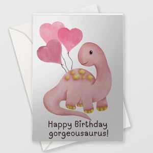Biglietto di compleanno con dinosauro rosa, biglietto di compleanno per bambina con dinosauro