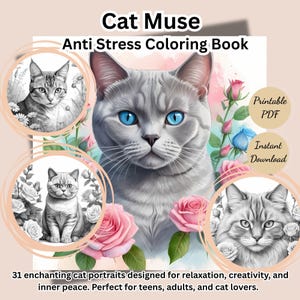 Cat Coloring Book – 31 Printable Pages for Teens & Adults, Digital Download, Stress Relief Coloring, Fun Cat Activity, Instant PDF